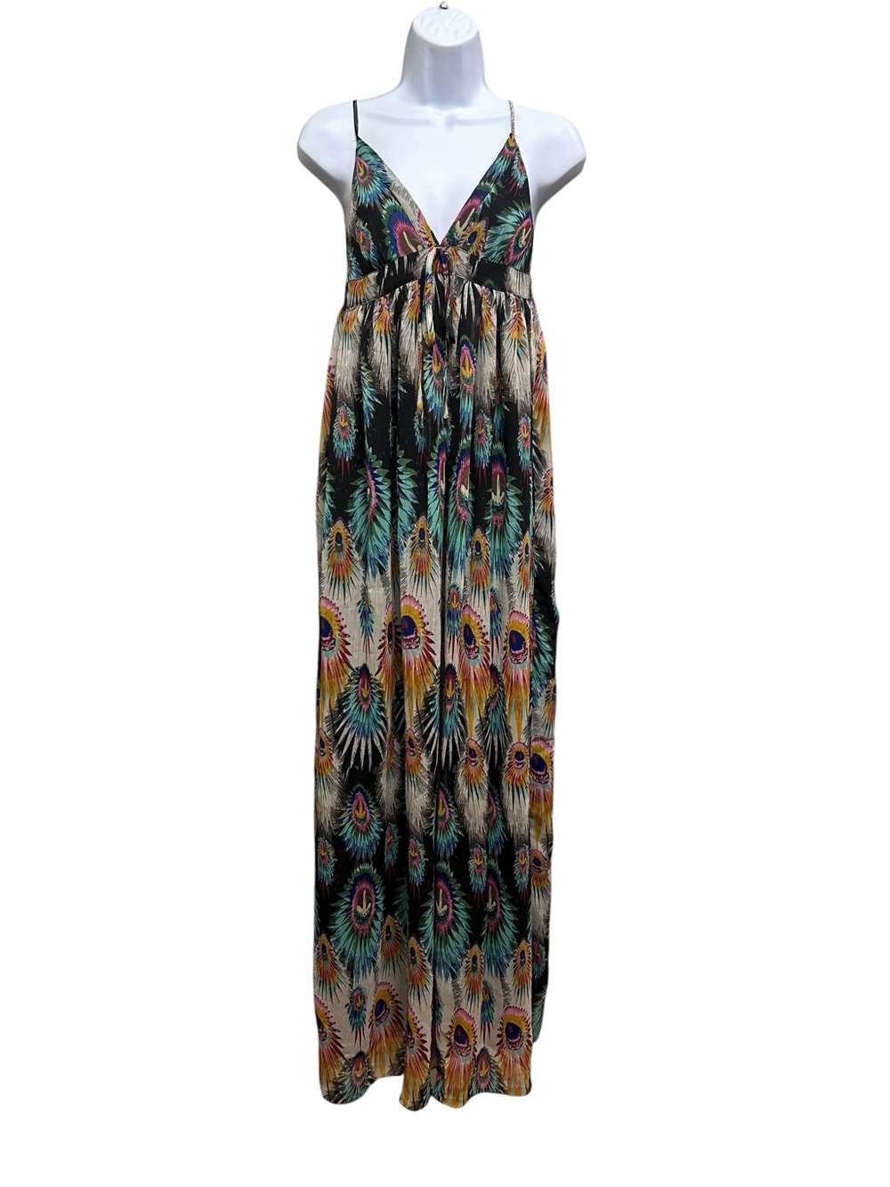 Buffalo David Bitton Peacock Print Chiffon Maxi Dress Size M Black Multicolor